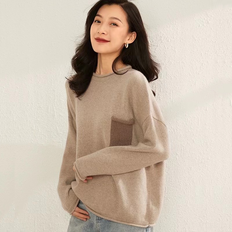 山羊绒套头圆领卷边女针织毛衣