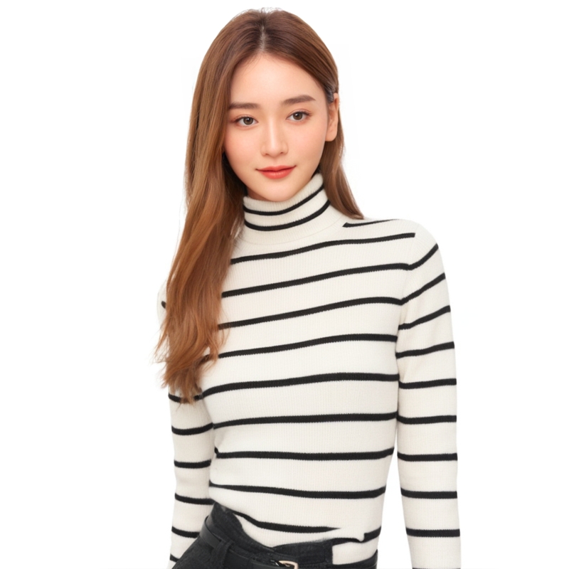 长袖针织打底衫羊绒高领条纹简约