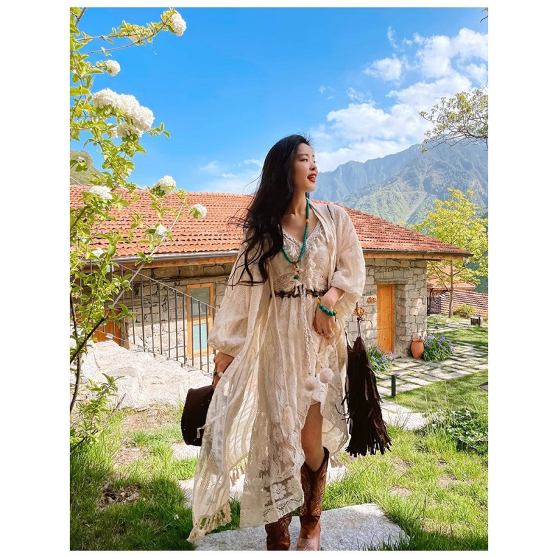 波西米亚灯笼袖流苏系带开衫两穿长款连衣裙女夏杏色防晒罩衫