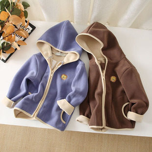 男童摇粒绒外套春秋女童加绒上衣宝宝卫衣连帽秋装儿童加厚拉链衫