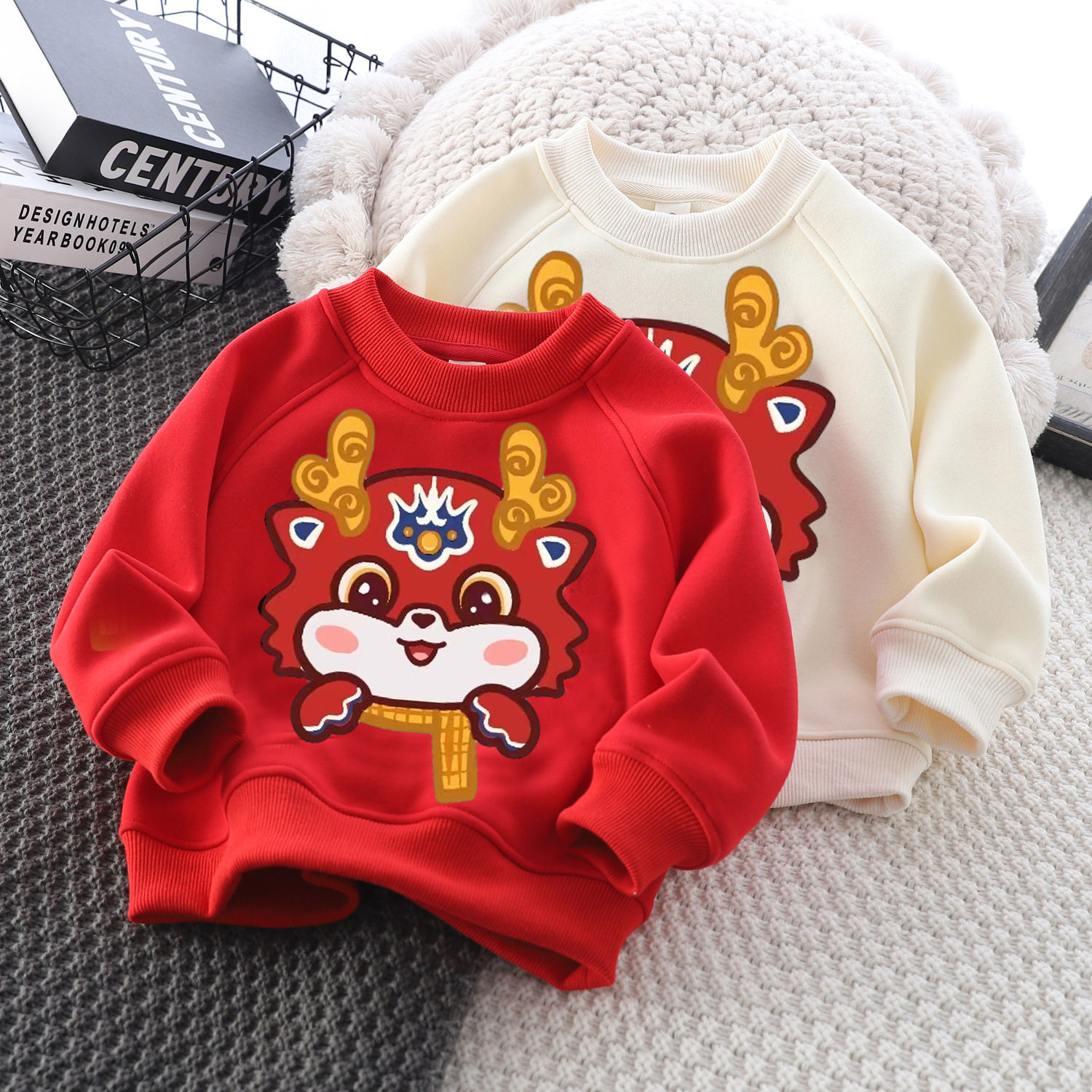 儿童卫衣春秋加绒2024龙年男童国潮春装套头新年衣服红色女童冬装