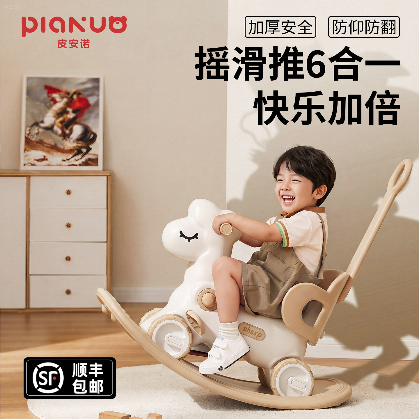 摇摇马儿童摇马防侧翻宝宝摇摇车六合一婴儿玩具小木马防摔溜溜车