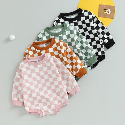 Baby Boy Girl Checkered Sweatshirt Bodysuits Oversized Long