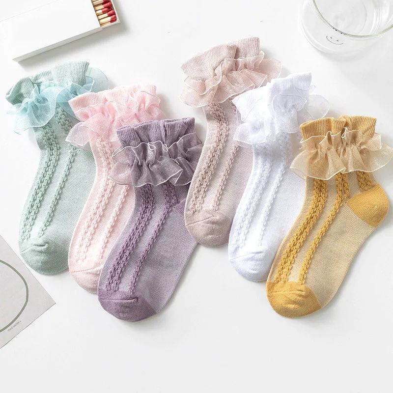 3/6 Pairs Girls Lace Ruffle Socks Cotton Breathable Comfy Ad