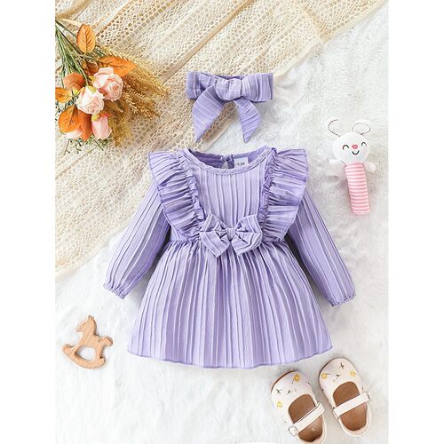 Autumn Baby Girl Long Sleeved Dress Purple Ruffled Butterfly