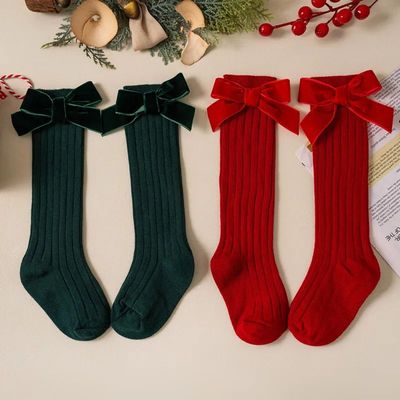 Kids Christmas Girls Socks Autumn Winter Toddlers Red Bowkno