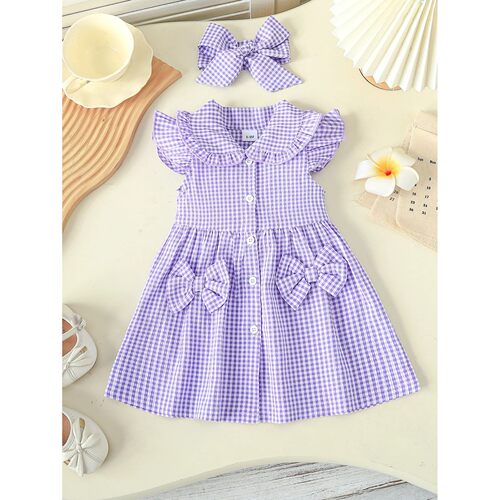 1pc Girls Purple Gingham Dress Set, 1-3Y, Peter Pan Collar w