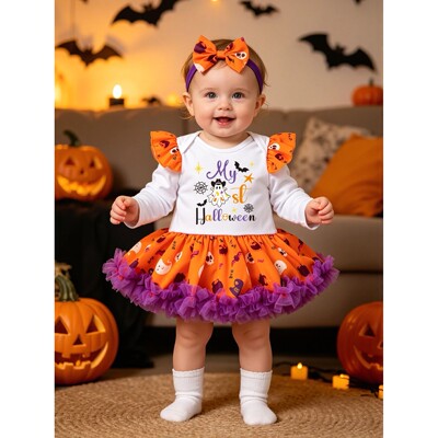2Pcs Baby Girl My 1st Halloween Outfit Ghost Print Romper Tu