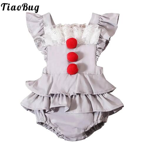 Baby Girl Boy Gray Clown Costume Lace Red Bobbles Layered Ru