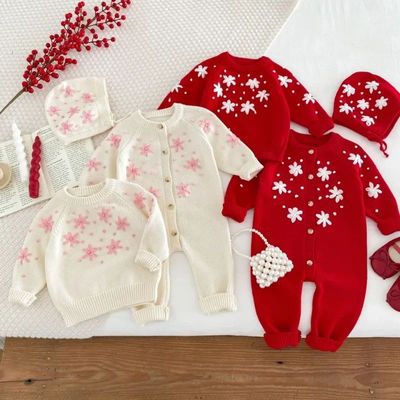 born Baby Christmas Red Romper with Caps Clothes Sets Girl K