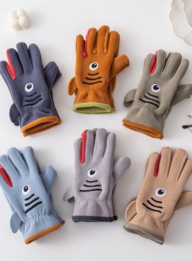 Kids Boy Gloves Winter 5-12 Years Coral Fleece Cartoon Shark