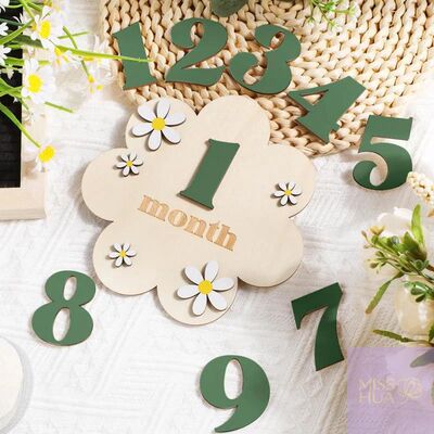 Wooden Baby Monthly Milestone Cards Flowers Double Sides Num