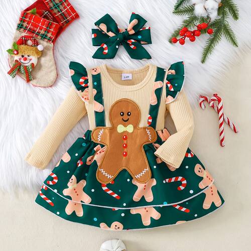 Christmas Theme Gingerbread Girl Outfit Set with Lace Sleeve