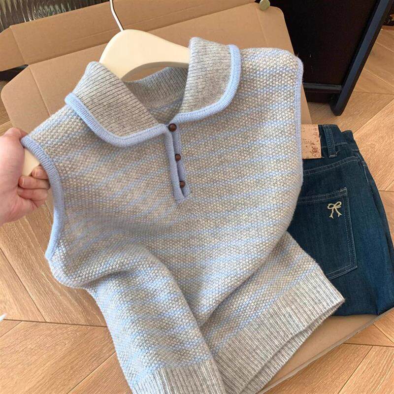 复古甜美 韩国东大门拼色小翻领宽松条纹针织背心女秋冬叠穿毛衣