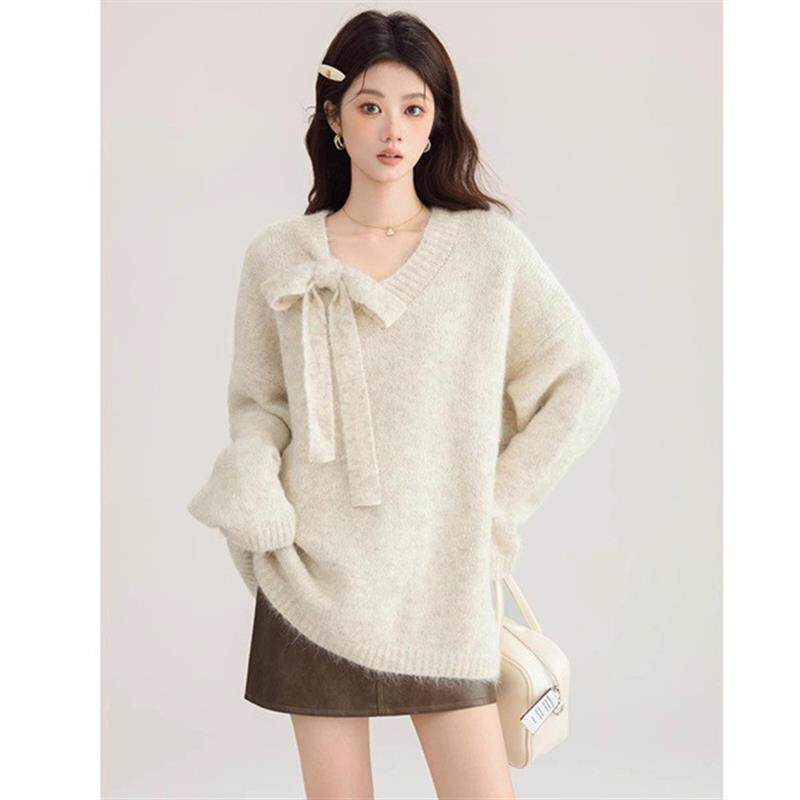 感挂脖红色领宽松大板针织衫毛衣女2025秋冬大码中长款上衣女套头