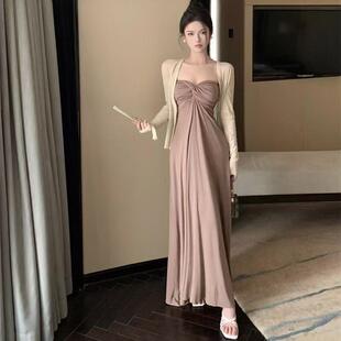 温柔风氛围感显瘦两件连衣裙女早秋纯欲修身短款长袖开衫长裙套装