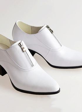英伦尖头皮鞋男真皮青年发型师鞋子增高鞋男式6CM小码男鞋36白色