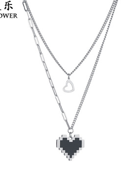 不锈钢双层马赛克黑色爱心像素项链女 小众设计感叠戴吊坠锁骨链