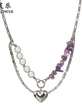 跨境新品情侣钛钢爱心项链不掉色女百搭紫色碎石女士锁骨链级感