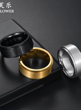 欧美士个性钛钢双层旋转戒指简约素面不锈钢拉丝指环情侣学生礼物