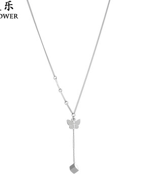 跨境热销ins简约风不锈钢蝴蝶流苏长款项链个性小众设计锁骨链