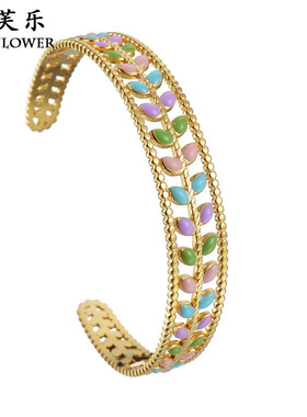 新款民族风彩色滴油树叶钛钢开口手镯女轻奢小众首情侣学生饰饰品