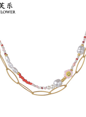 跨境爆款彩色串珠珍珠项链女钛钢轻奢小众压花椭圆锁骨链优雅饰品