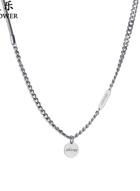 INS个性风潮拼接钛钢圆牌项链 朋克流行打标英文字母硬币吊坠配饰