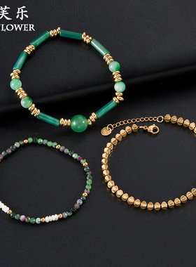 法式ins风深绿色串珠可叠戴手链女14K金时尚气质多边形钛钢手饰