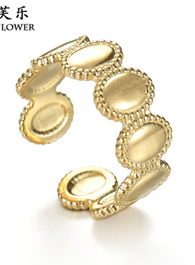 跨境新品热卖拼接椭圆不锈钢开口戒指14K金钛钢个性小众设计指环