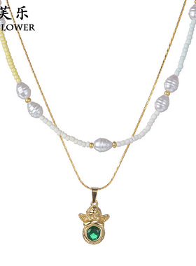 跨境热销白色串珠珍珠链天使钛钢吊坠项链女轻奢级感优雅礼物饰品