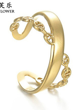 欧美复古时尚猪鼻扣拼接开口戒指 14K金个性简约保色钛钢活口指环