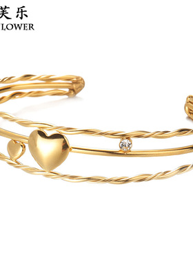 欧美复古风简约爱心三层开口手镯个性创意金属级感手饰时尚百搭