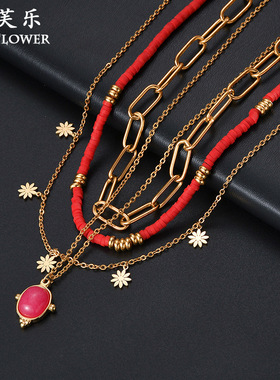 新款民族风红色软陶小花项链女 14K金简约小众级感古风锁情侣骨链