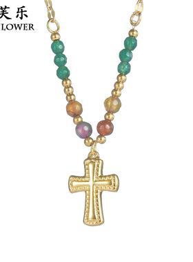 新品民族风彩色串珠钛钢复古吊坠项链女级感百搭锁骨链饰情侣饰品