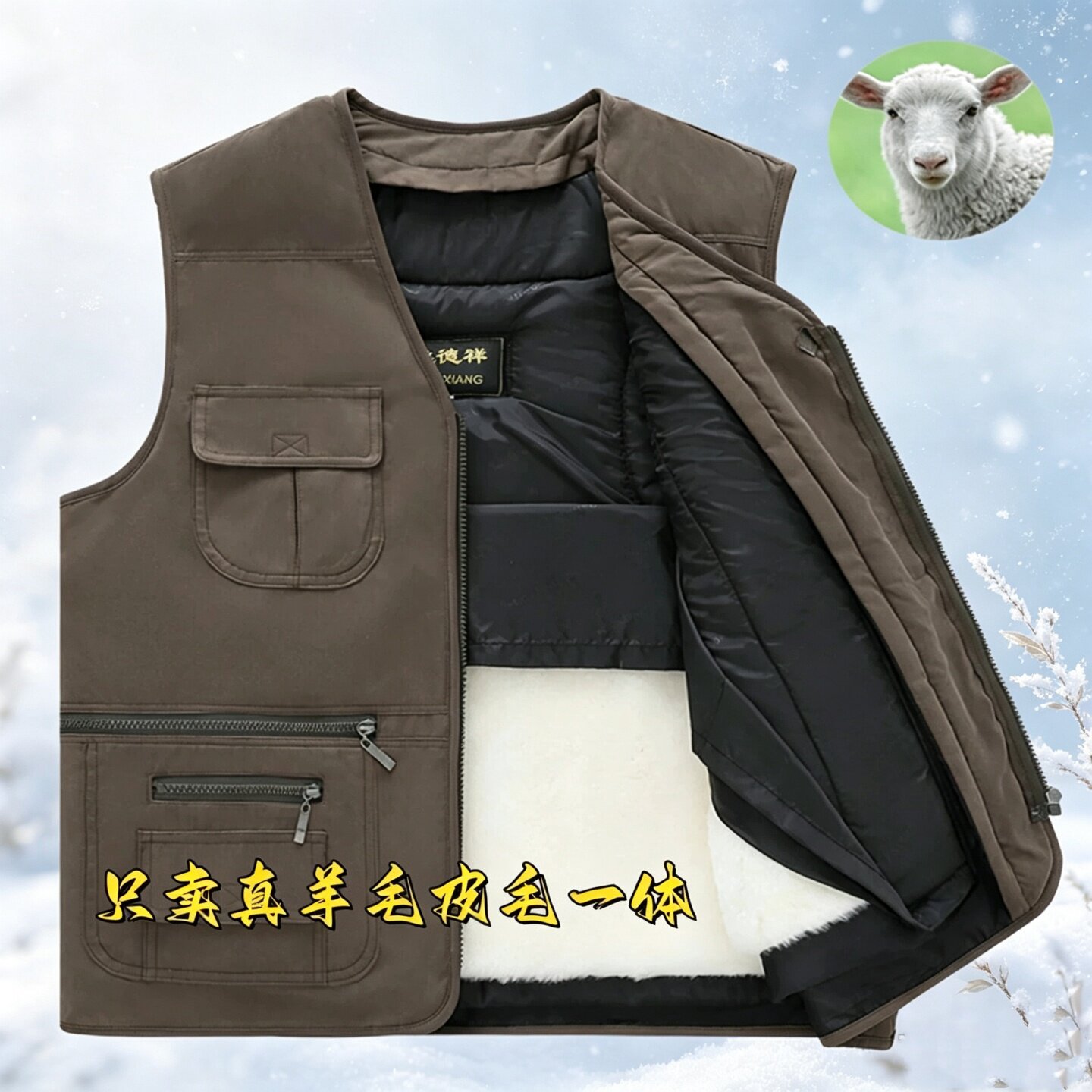 真皮保暖背心东北过冬羊毛皮毛一体坎肩爷爷宽松大码加厚皮草马甲