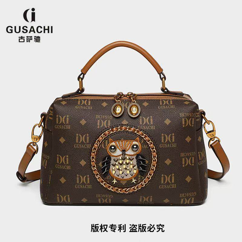 GUSACHI古萨驰2025新款正品波士顿手提包时尚猫头鹰刺绣斜跨包包