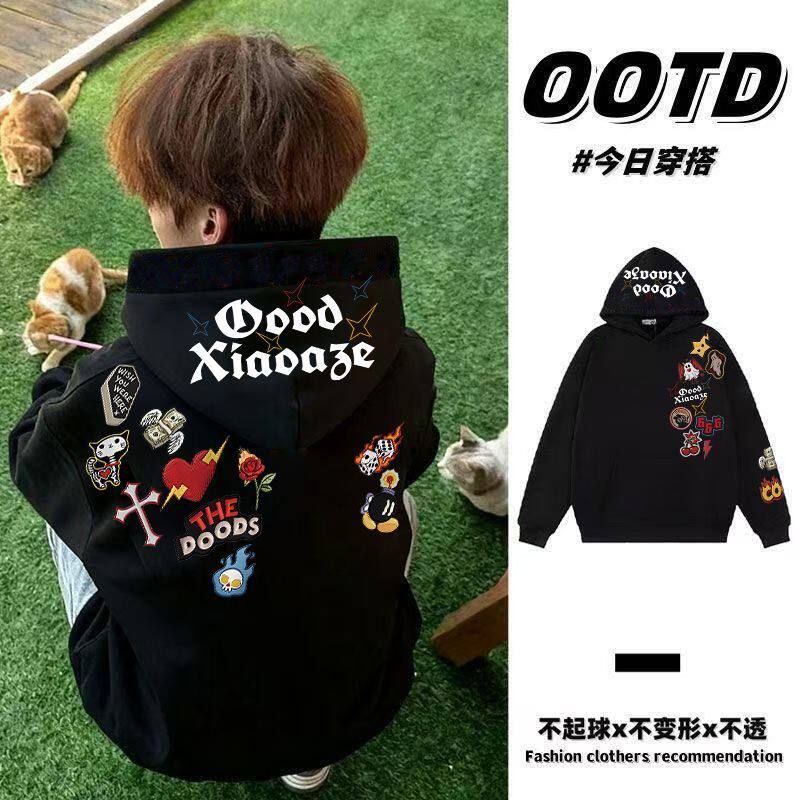 秋冬季美式潮牌设计感印花纯棉连帽卫衣男女情侣韩版加绒加厚帽衫