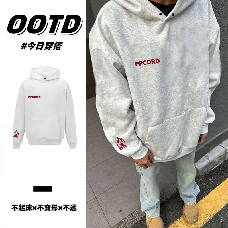 花灰色简约韩版潮牌加厚连帽卫衣男女情侣秋冬季加绒宽松休闲帽衫
