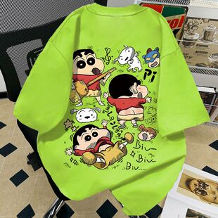 纯棉可爱卡通印花短袖T恤男女学生夏季韩版宽松ins情侣荧光绿上衣