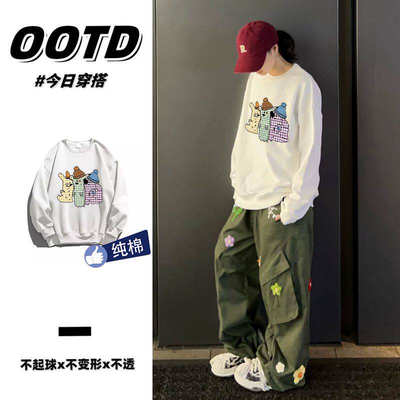 纯棉卡通印花宽松圆领卫衣秋冬百搭男女情侣款慵懒风加绒加厚上衣