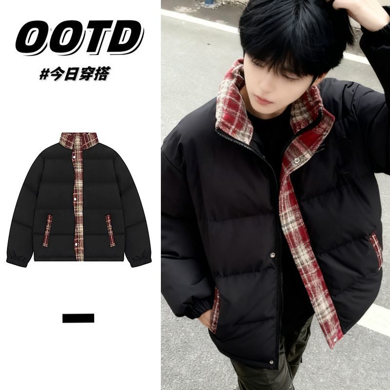 韩版复古格子拼接棉衣棉服男女款冬季加厚保暖立领面包服棉袄外套