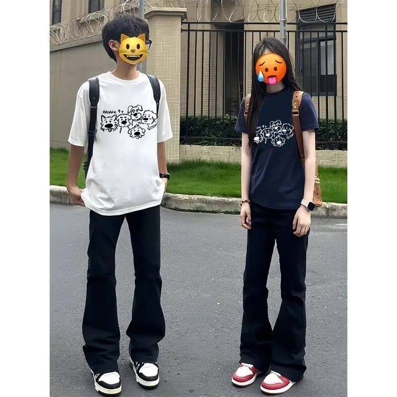 情侣装纯棉港风可爱手绘小狗印花t恤夏季ins百搭潮流男女上衣短袖
