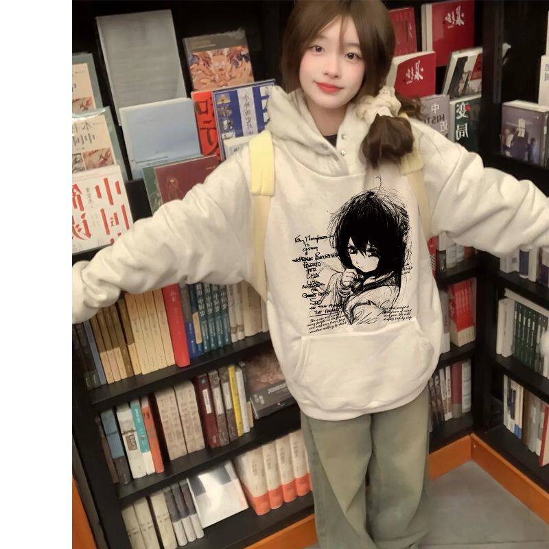 秋冬男女慵懒风加绒纽扣款连帽卫衣情侣日系原宿潮牌印花加厚帽衫