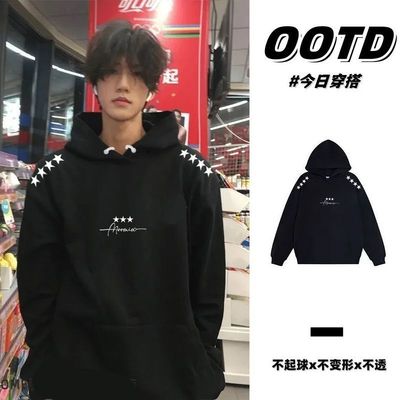 秋冬季高街潮牌情侣加厚加绒帽衫男女美式复古印花高级感连帽卫衣