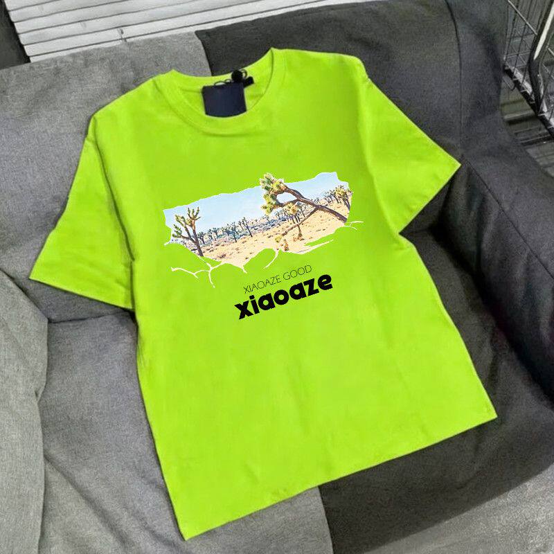 荧光绿美式复古纯棉高街印花重磅短袖T恤男女款潮牌夏季上衣半袖