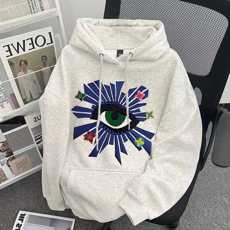 花灰色美式复古男女印花连帽卫衣秋冬季加绒加厚痞帅宽松情侣帽衫