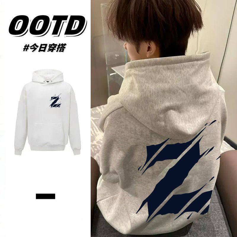 花灰色秋冬男女韩版情侣款加厚帽衫百搭潮牌印花加绒纯棉连帽卫衣