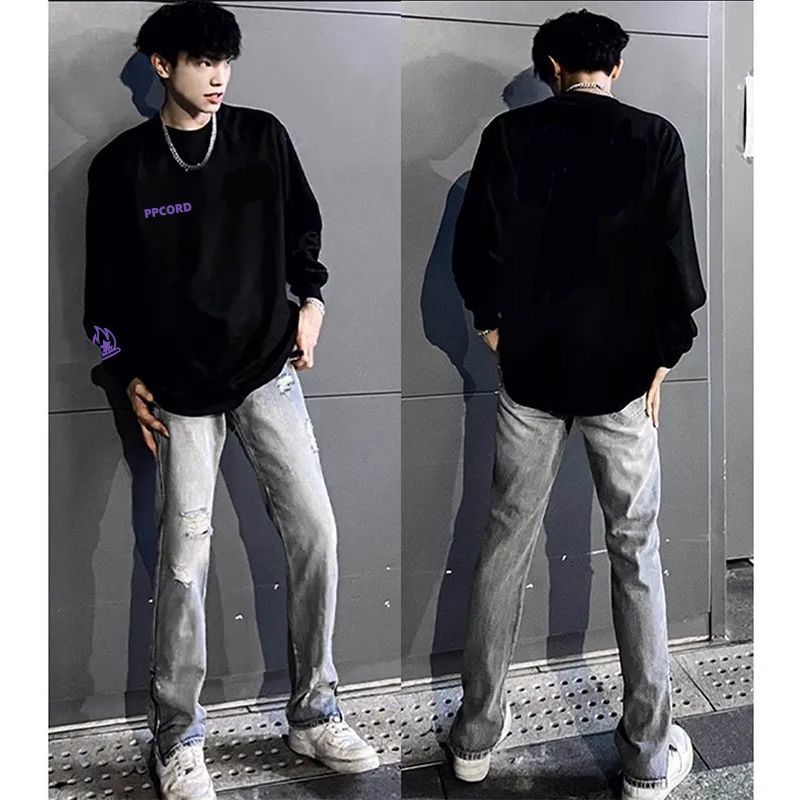 日系街头印花带螺口长袖男女情侣潮牌oversizet恤春秋百搭打底衫