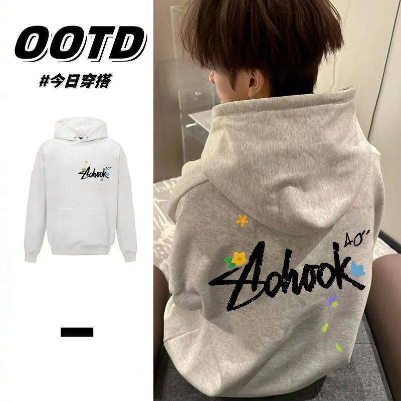 花灰色美式高街痞帅印花连帽卫衣纯棉男女情侣款加绒加厚秋冬帽衫